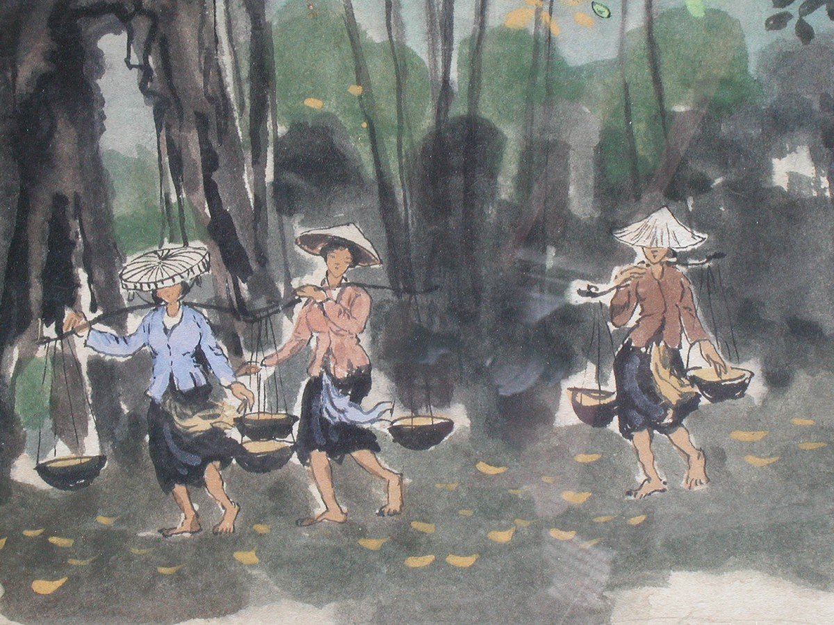 Ecole Vietnamienne "Les porteuses d'eau" aquarelle gouachée 29x40-photo-2